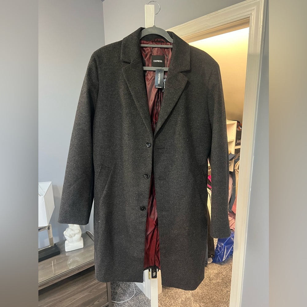 EXPRESS Mens Gray Herringbone Tweed Overcoat
